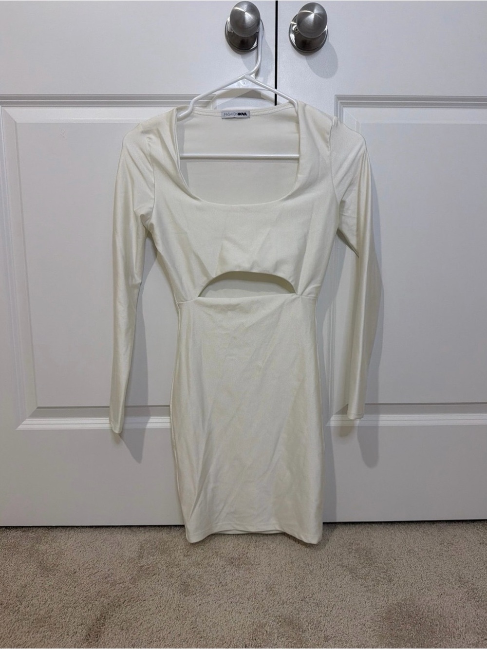 Fashion Nova Cream Long Sleeve Cutout Bodycon Dress